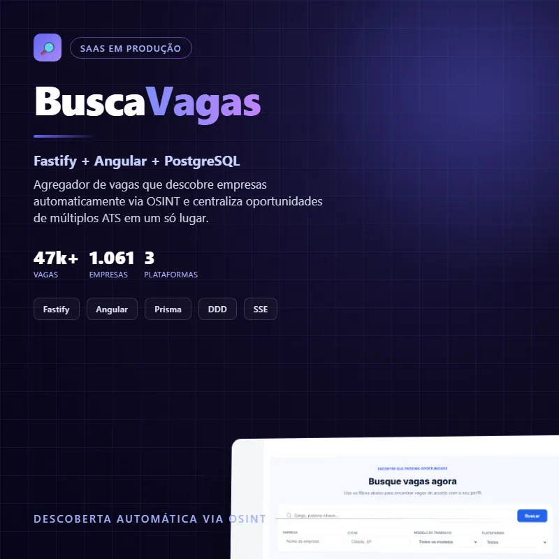 Mockup do projeto BuscaVagas, com tela de busca de vagas e estatísticas de plataformas, empresas e vagas monitoradas