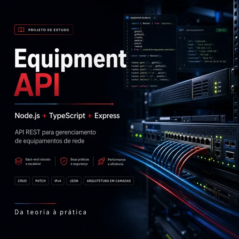 Mockup do projeto Equipment API, com trecho de código de rotas Express e resposta JSON sobre foto de rack de rede